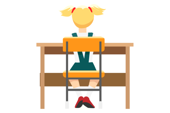 School Girl in Classroom Back View. Kid Graphics & Crafts